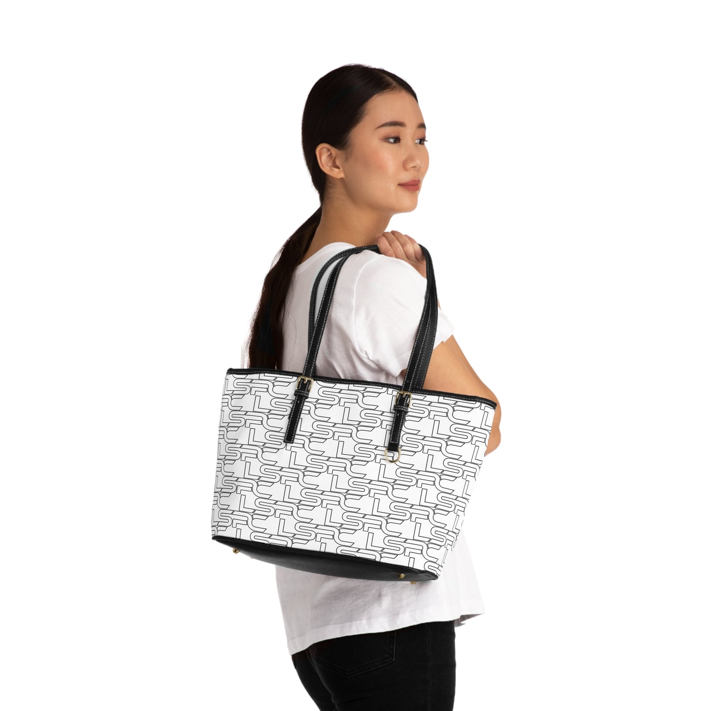 Leather Shoulder Bag — White Black LSPC Tote